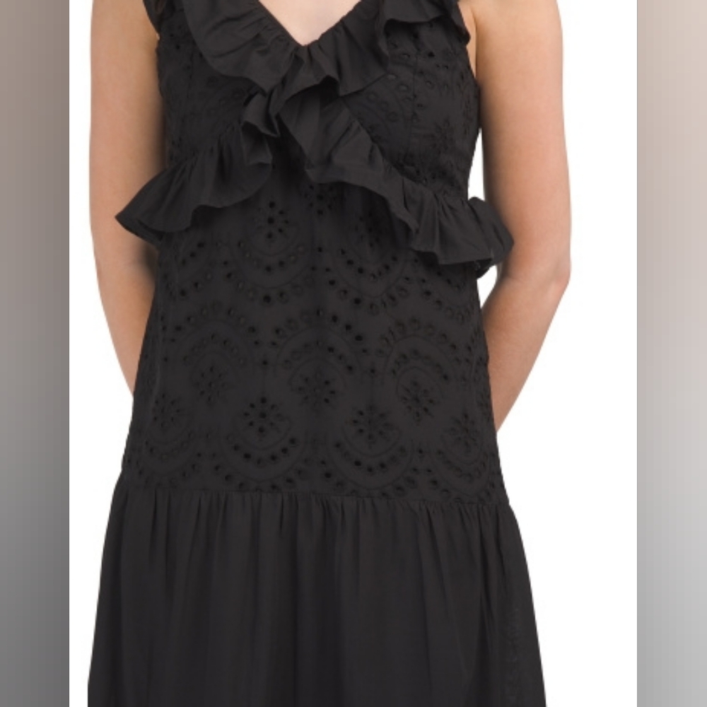 NWT - LEA Cotton Black Flutter Sleeve Embroidered Eyelet Maxi Dress-Size L